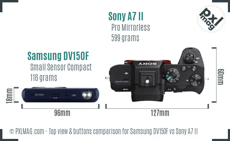 Samsung DV150F vs Sony A7 II top view buttons comparison