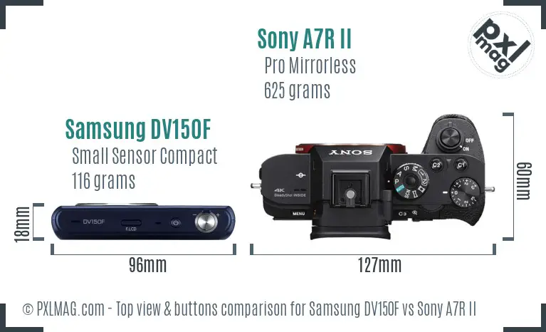 Samsung DV150F vs Sony A7R II top view buttons comparison