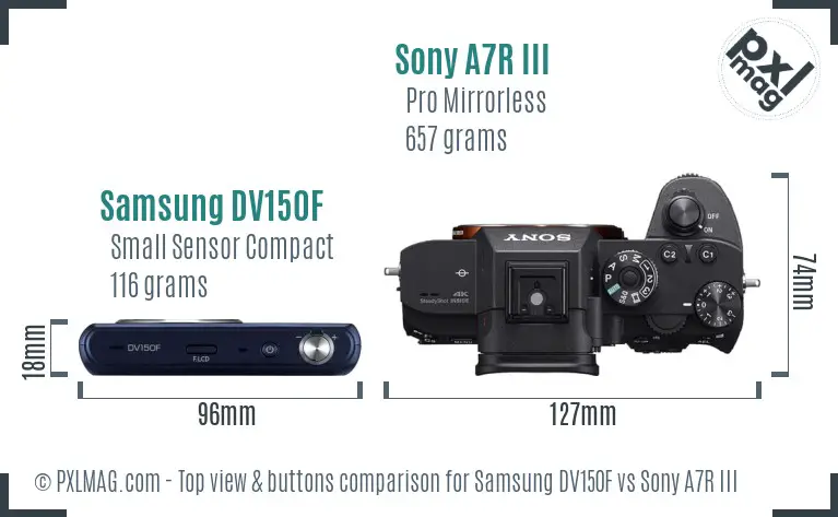 Samsung DV150F vs Sony A7R III top view buttons comparison