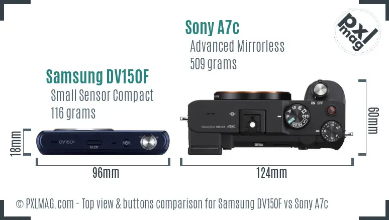 Samsung DV150F vs Sony A7c top view buttons comparison