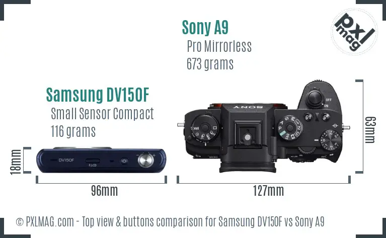 Samsung DV150F vs Sony A9 top view buttons comparison