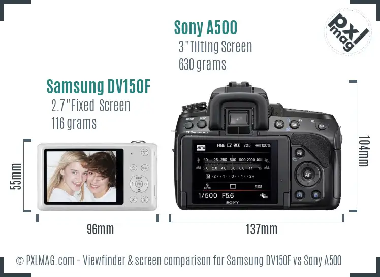 Samsung DV150F vs Sony A500 Screen and Viewfinder comparison
