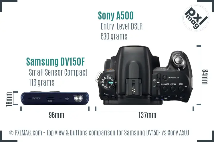 Samsung DV150F vs Sony A500 top view buttons comparison