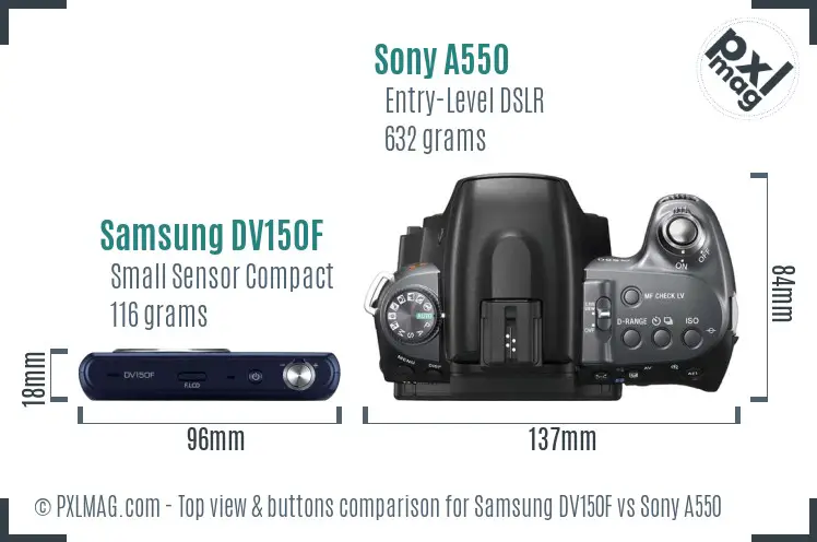 Samsung DV150F vs Sony A550 top view buttons comparison