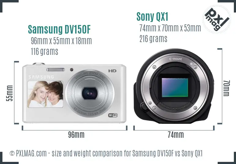 Samsung DV150F vs Sony QX1 size comparison