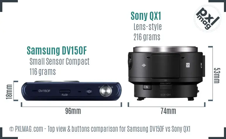 Samsung DV150F vs Sony QX1 top view buttons comparison