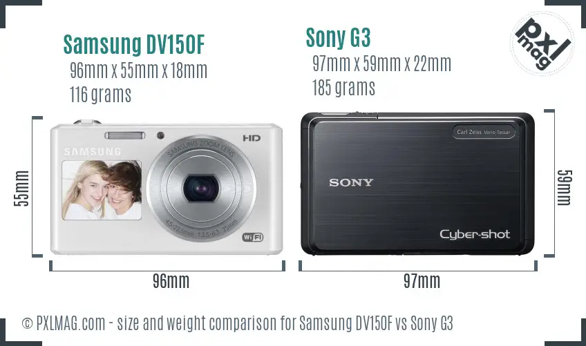 Samsung DV150F vs Sony G3 size comparison