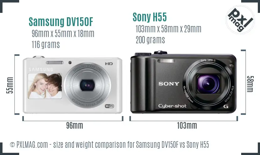 Samsung DV150F vs Sony H55 size comparison