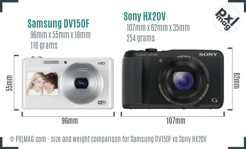 Samsung DV150F vs Sony HX20V size comparison