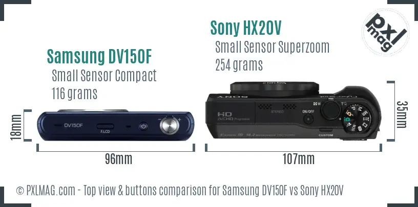 Samsung DV150F vs Sony HX20V top view buttons comparison