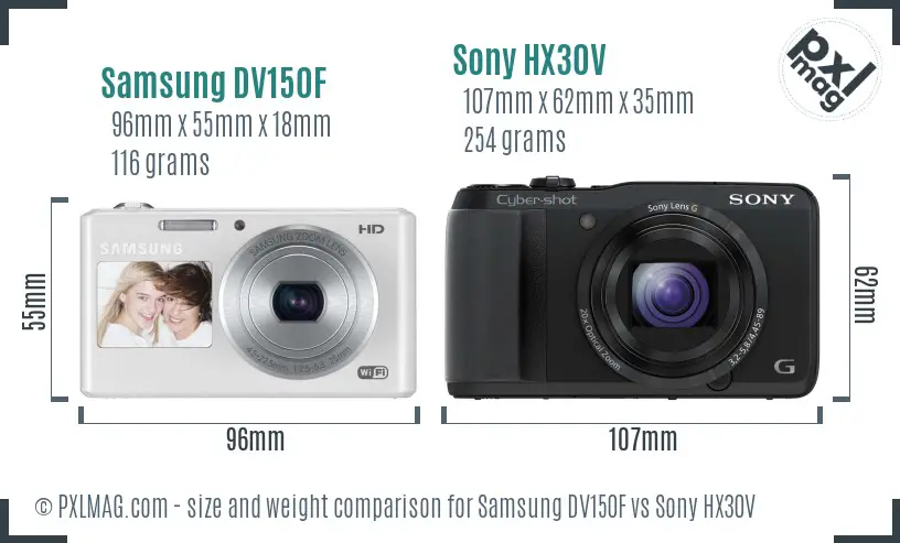 Samsung DV150F vs Sony HX30V size comparison