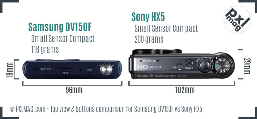 Samsung DV150F vs Sony HX5 top view buttons comparison