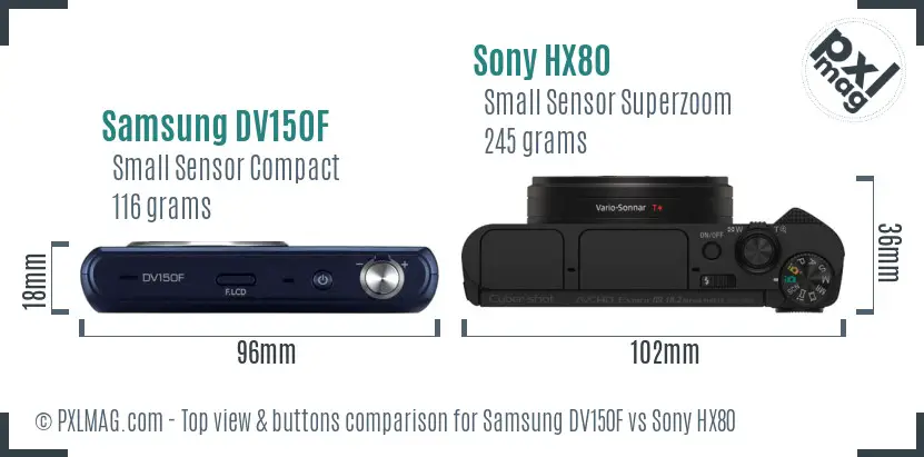 Samsung DV150F vs Sony HX80 top view buttons comparison