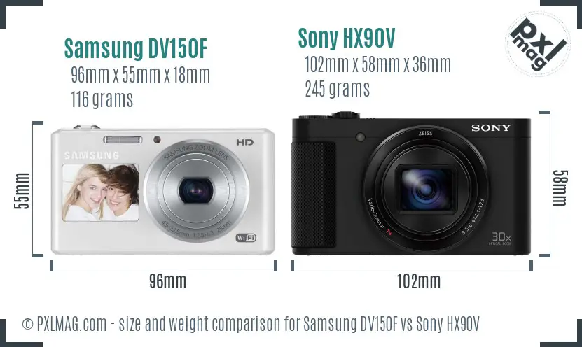 Samsung DV150F vs Sony HX90V size comparison