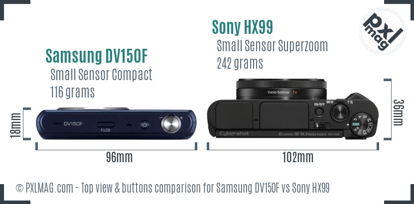 Samsung DV150F vs Sony HX99 top view buttons comparison
