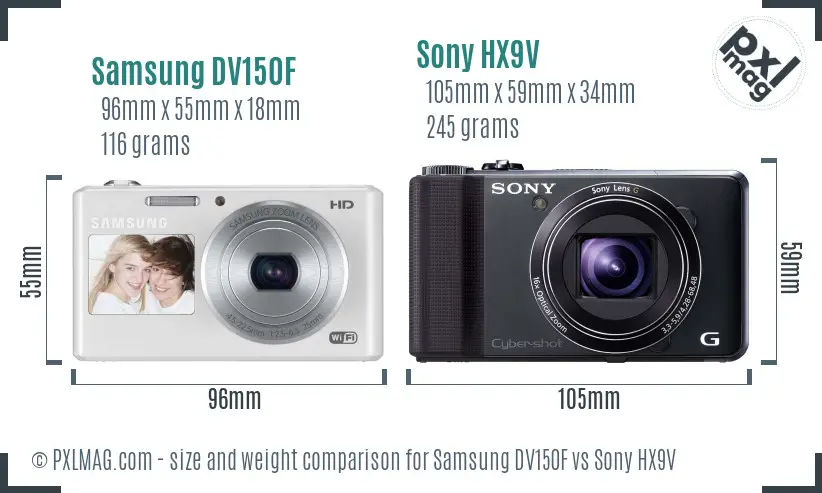 Samsung DV150F vs Sony HX9V size comparison