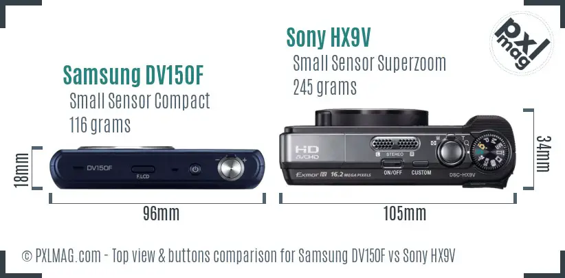 Samsung DV150F vs Sony HX9V top view buttons comparison