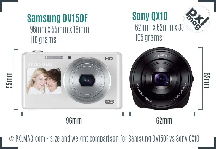 Samsung DV150F vs Sony QX10 size comparison