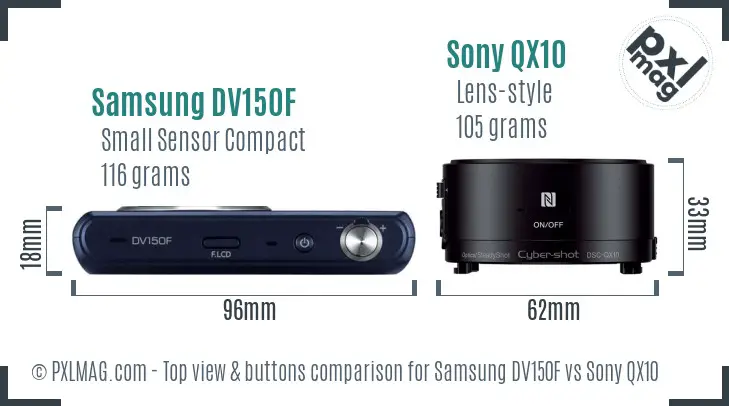 Samsung DV150F vs Sony QX10 top view buttons comparison