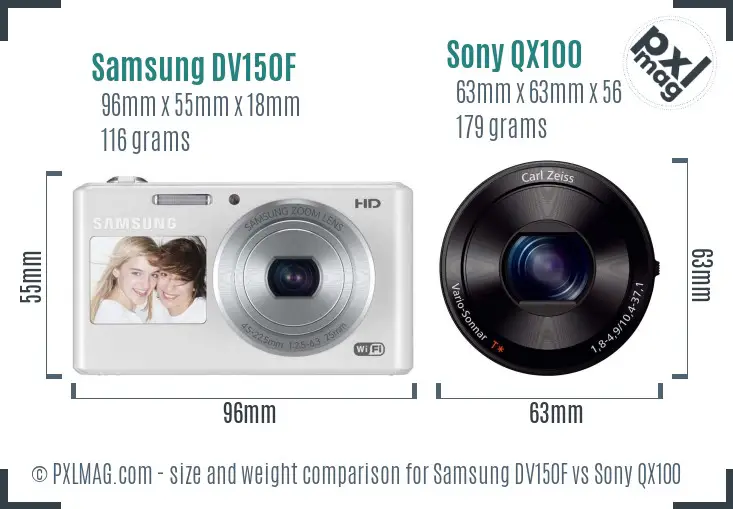 Samsung DV150F vs Sony QX100 size comparison