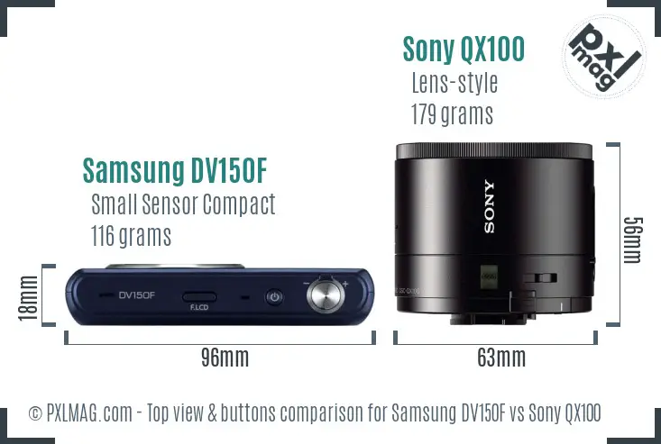 Samsung DV150F vs Sony QX100 top view buttons comparison
