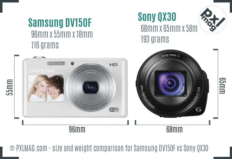 Samsung DV150F vs Sony QX30 size comparison