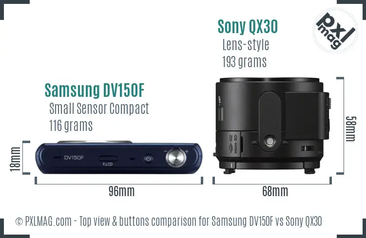 Samsung DV150F vs Sony QX30 top view buttons comparison
