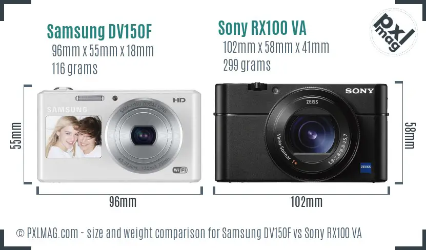 Samsung DV150F vs Sony RX100 VA size comparison