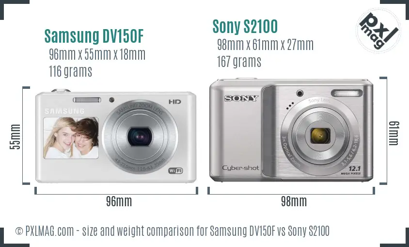 Samsung DV150F vs Sony S2100 size comparison