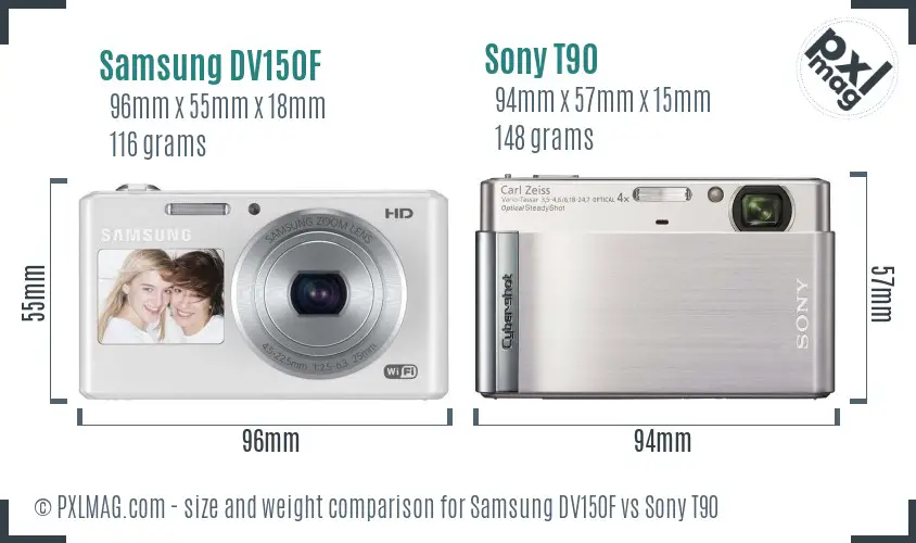 Samsung DV150F vs Sony T90 size comparison