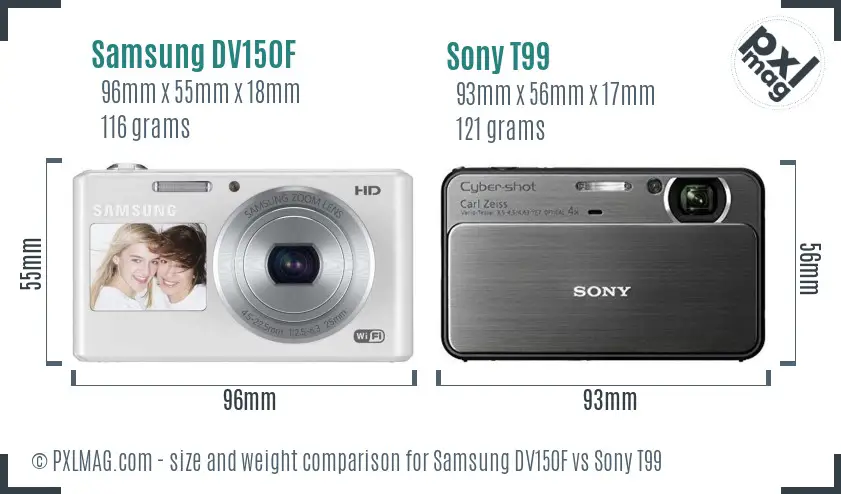 Samsung DV150F vs Sony T99 size comparison