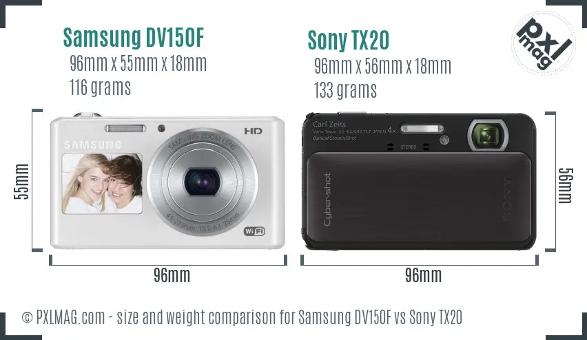 Samsung DV150F vs Sony TX20 size comparison
