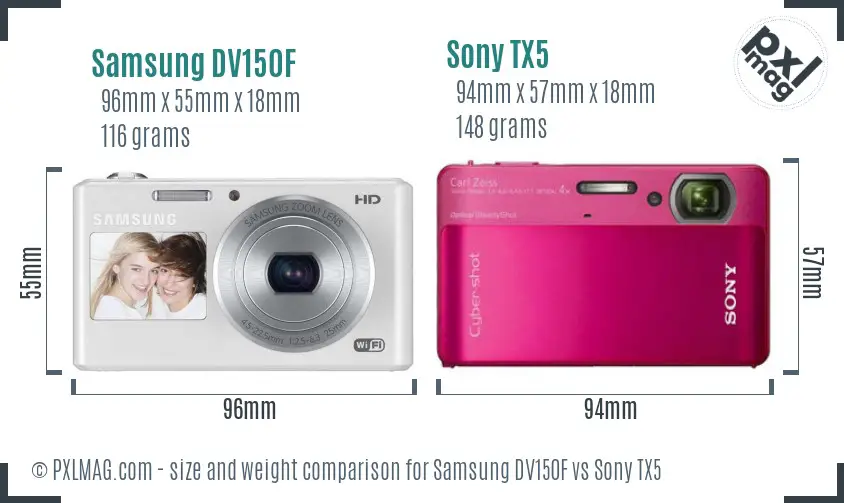 Samsung DV150F vs Sony TX5 size comparison