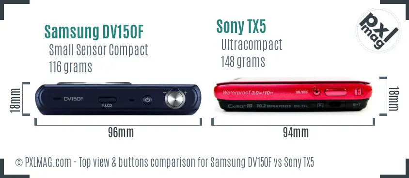 Samsung DV150F vs Sony TX5 top view buttons comparison