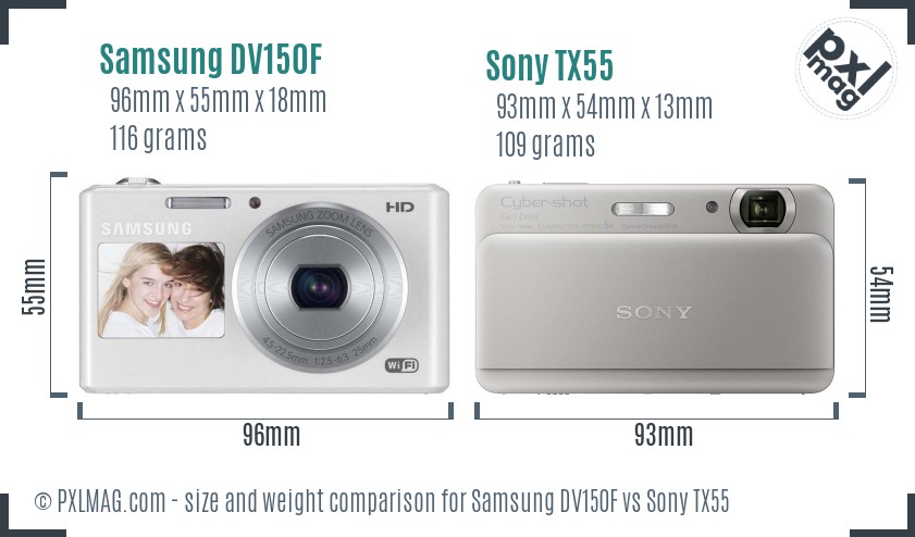 Samsung DV150F vs Sony TX55 size comparison