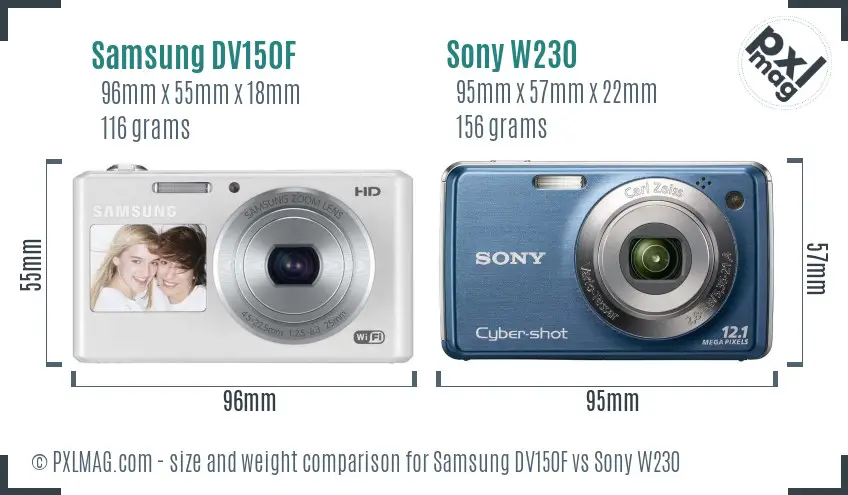 Samsung DV150F vs Sony W230 size comparison