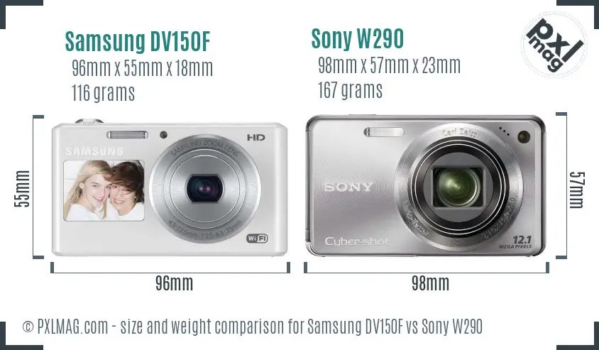 Samsung DV150F vs Sony W290 size comparison