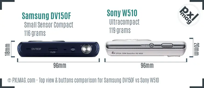 Samsung DV150F vs Sony W510 top view buttons comparison