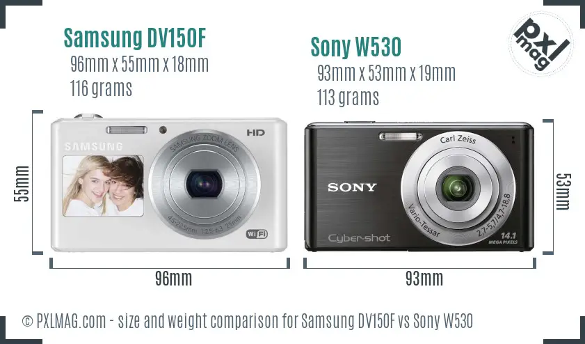 Samsung DV150F vs Sony W530 size comparison