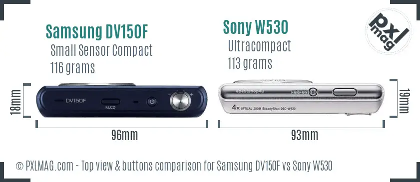 Samsung DV150F vs Sony W530 top view buttons comparison