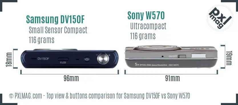 Samsung DV150F vs Sony W570 top view buttons comparison