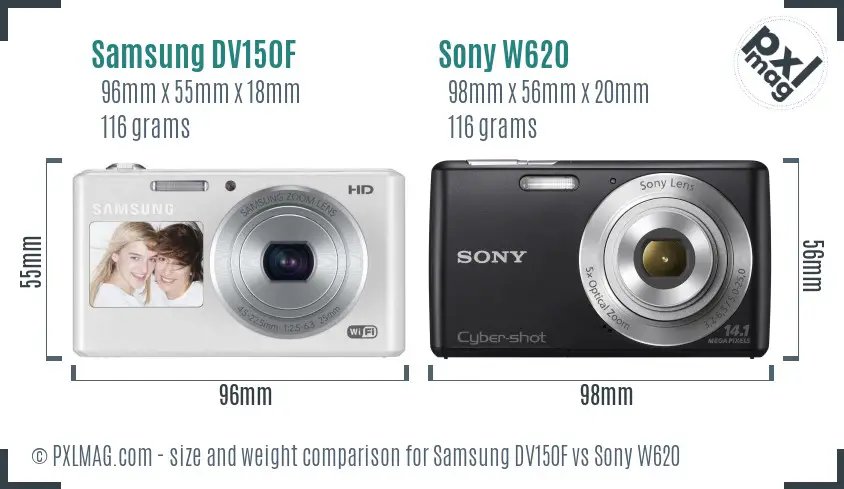 Samsung DV150F vs Sony W620 size comparison