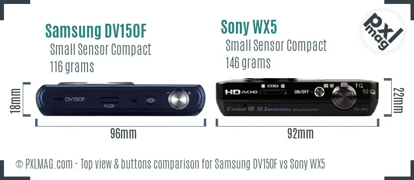 Samsung DV150F vs Sony WX5 top view buttons comparison