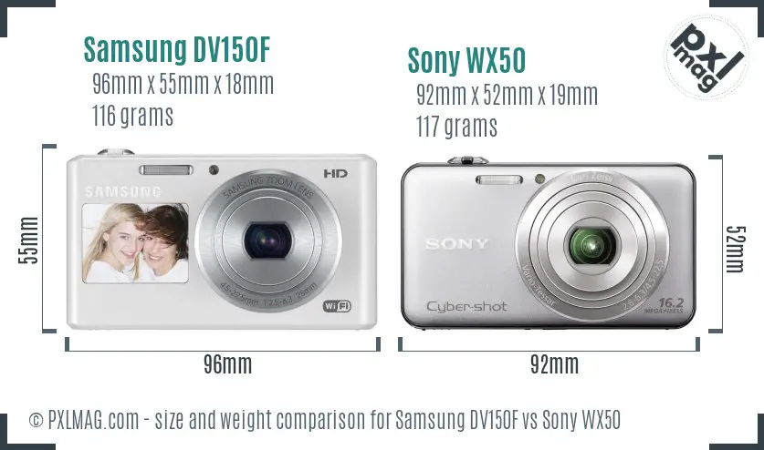 Samsung DV150F vs Sony WX50 size comparison