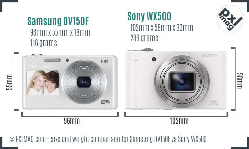 Samsung DV150F vs Sony WX500 size comparison