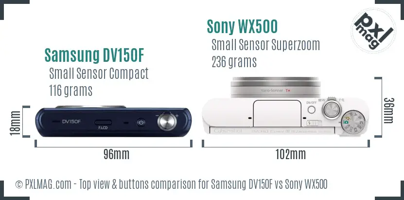 Samsung DV150F vs Sony WX500 top view buttons comparison