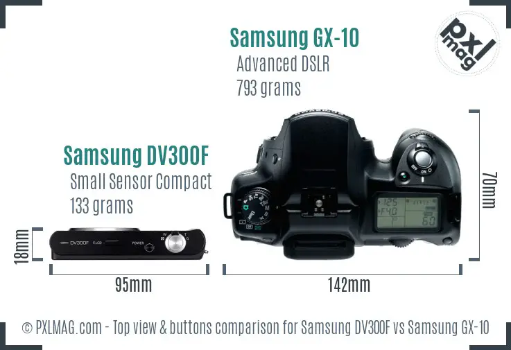 Samsung DV300F vs Samsung GX-10 top view buttons comparison