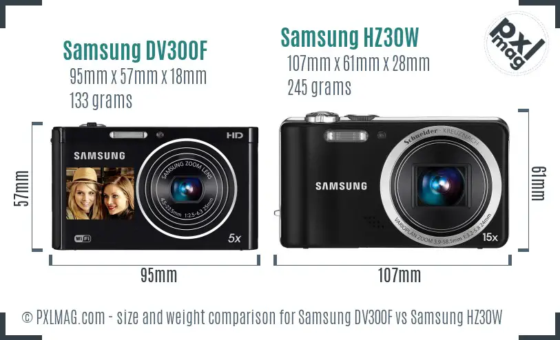 Samsung DV300F vs Samsung HZ30W size comparison