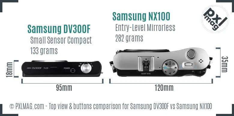 Samsung DV300F vs Samsung NX100 top view buttons comparison