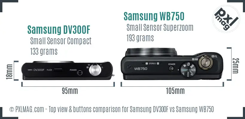 Samsung DV300F vs Samsung WB750 top view buttons comparison